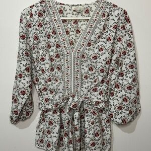 Max Studio Cream and Red Wrap style Blouse with 3/4 Sleeves